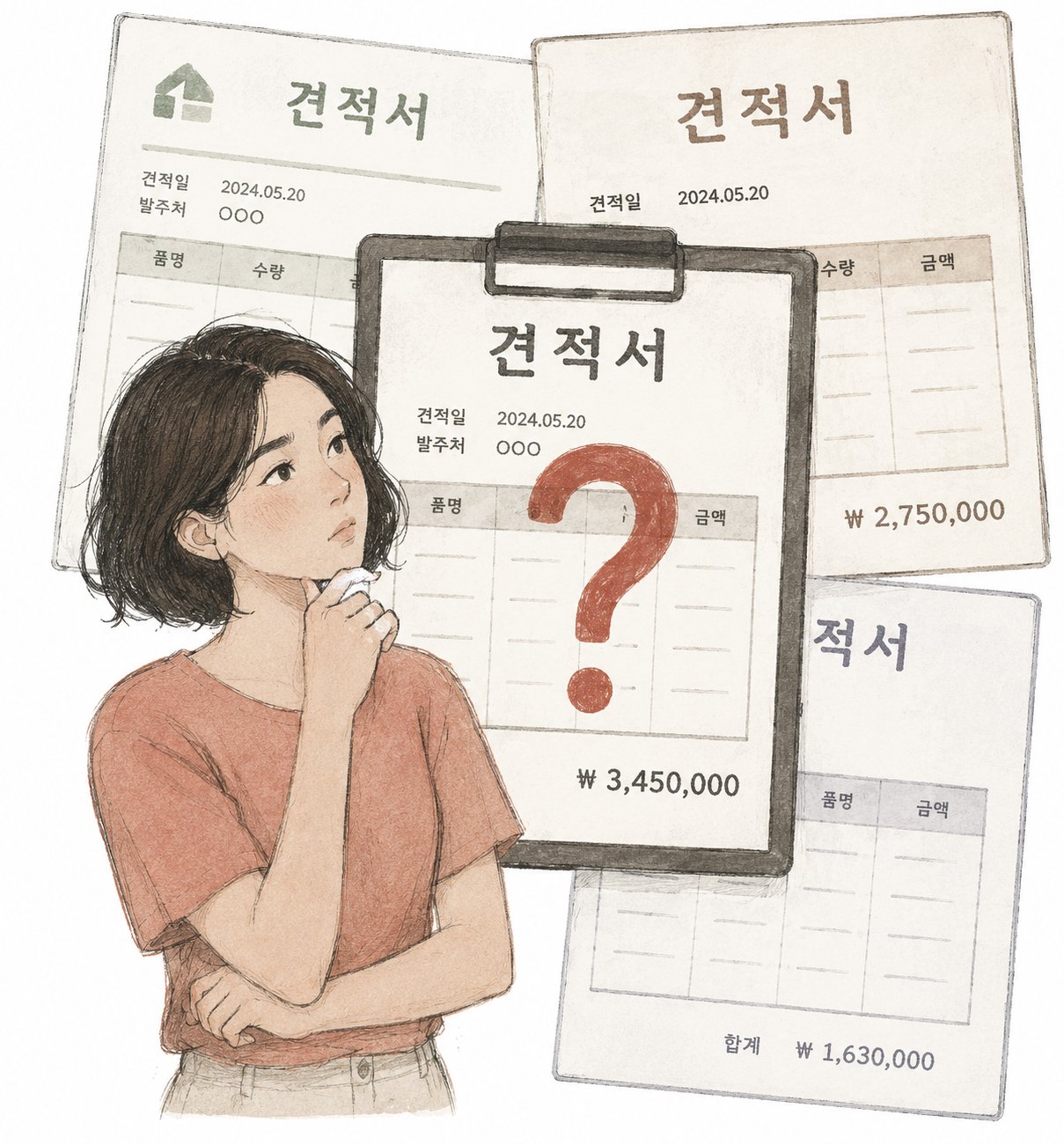 견적서를 들고 고민하는 소비자 일러스트